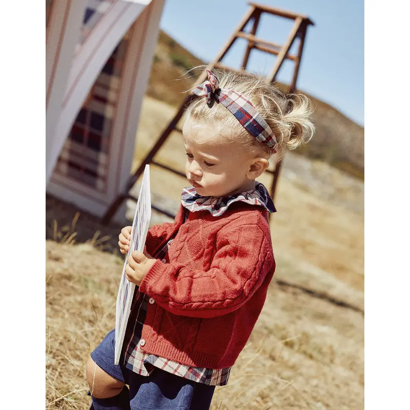 Checkered Hair Ribbon for Girls, Dark Blue/Beige/Red