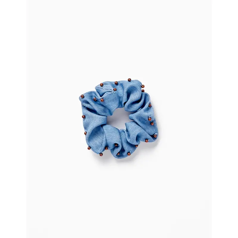 Elastic Scrunchie with Beads for Baby and Girl, Blue/Bronze