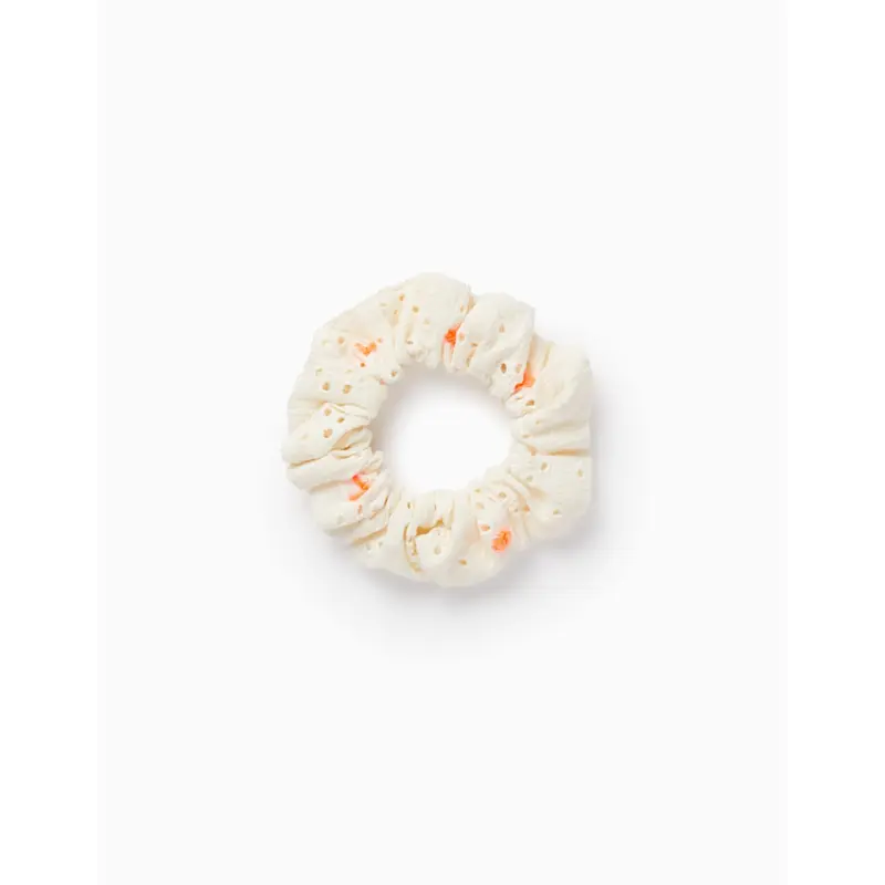 Elastic Scrunchie with English Embroidery for Baby and Girl, White/Orange