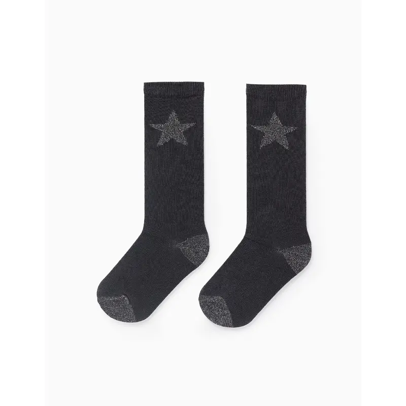 High Socks with Lurex Stars for Girls, Black/Silver