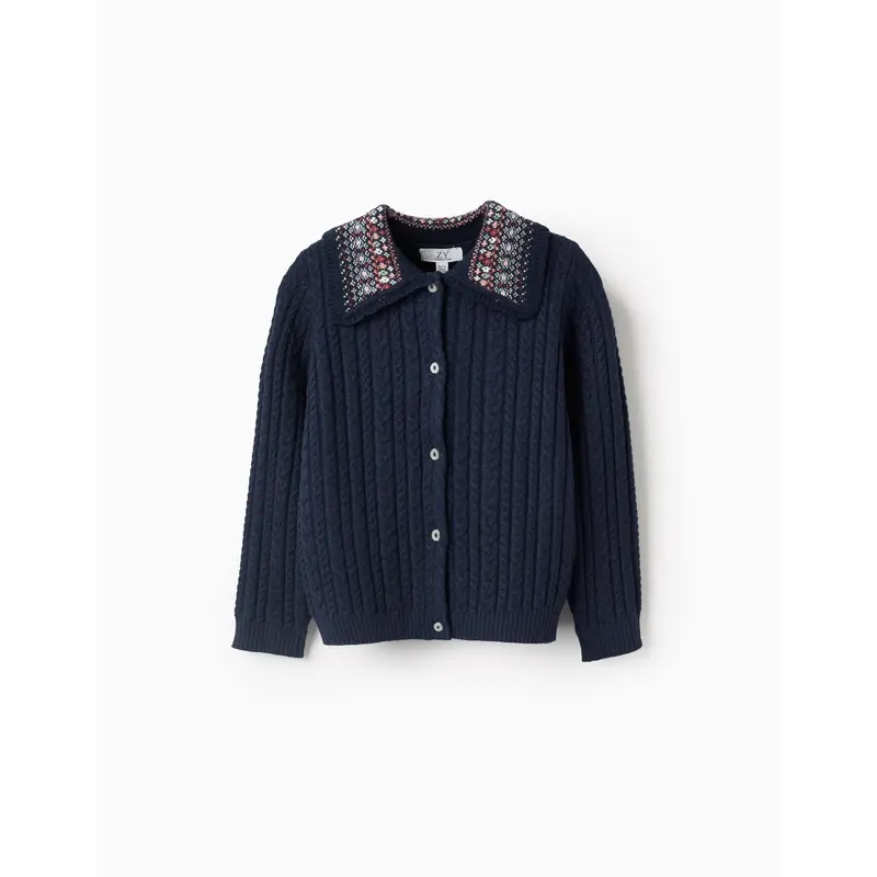 Knitted Cardigan with Floral Collar for Girls, Dark Blue