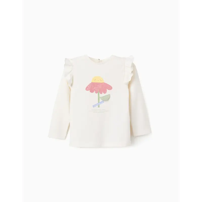 Long Sleeve Cotton T-shirt with Pattern for Baby Girls, White