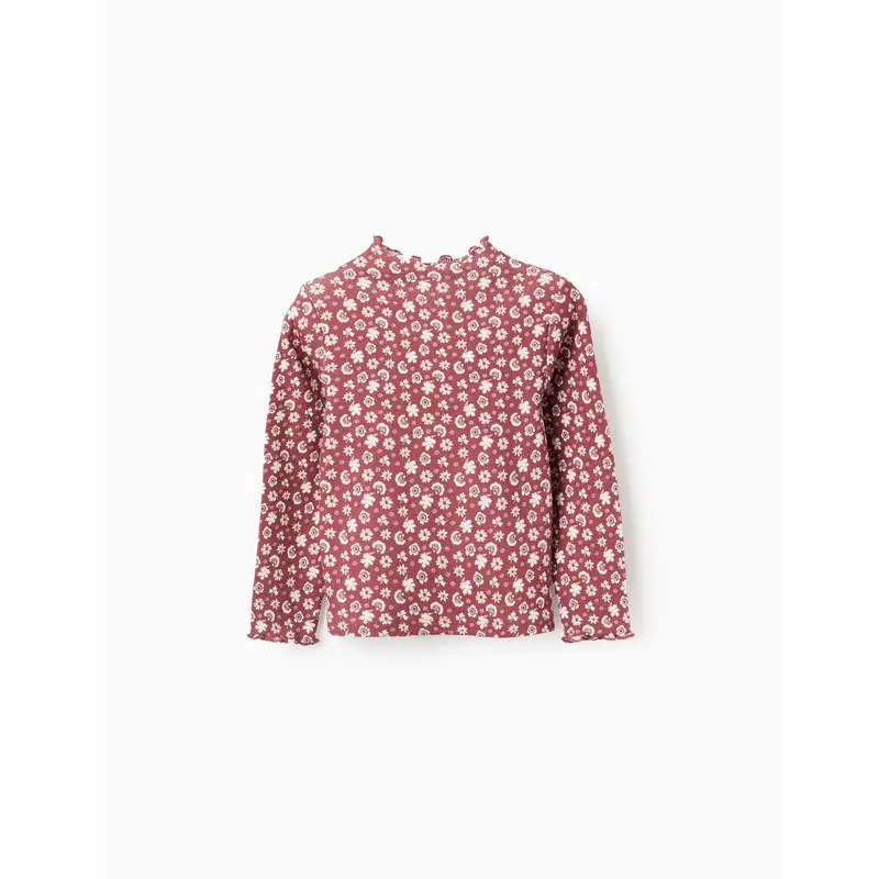 Long Sleeve Ribbed T-shirt with Motif for Girls, Brown