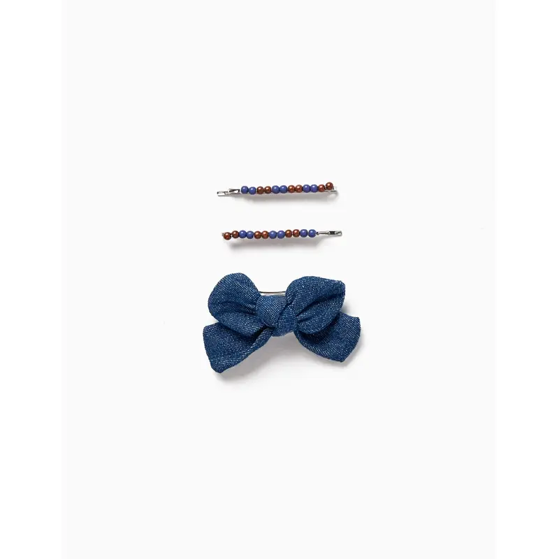 Pack of 3 Denim and Beaded Hair Clips for Girls, Blue