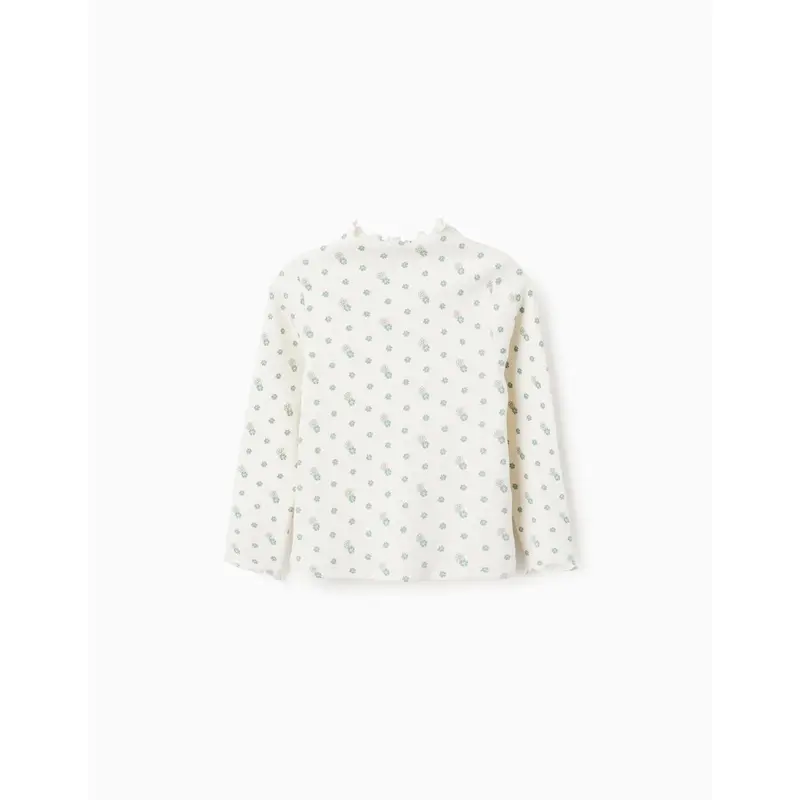 Long Sleeve Ribbed T-shirt with Floral Motif for Girls, White