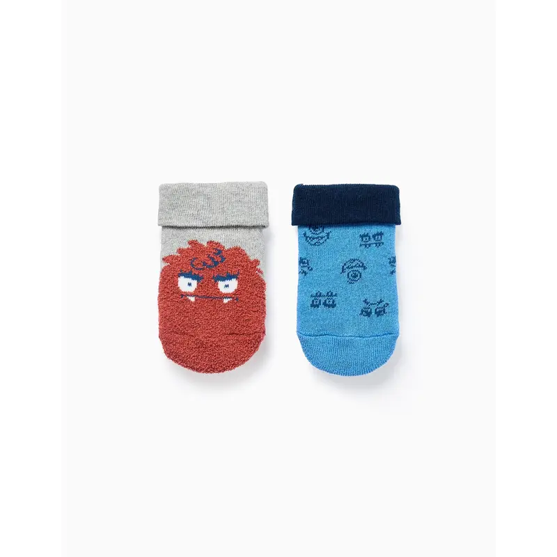 Pack 2 Pairs of Non-slip Socks for Babies 'Monsters', Blue/Grey