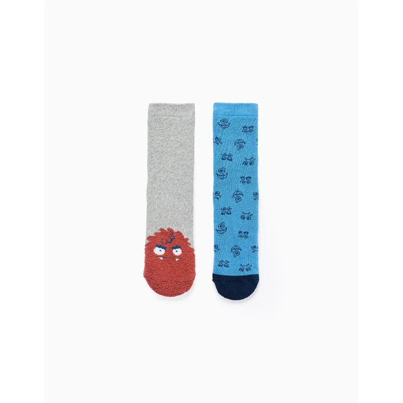 Pack 2 Pairs of Non-slip Socks for Boys 'Monsters', Blue/Grey