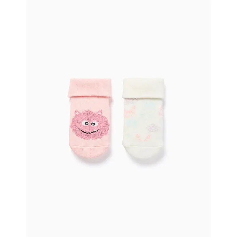 Pack of 2 Pairs of Non-slip Socks for Babies 'Monsters', Pink/White