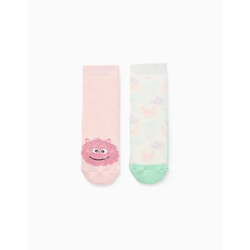 Pack of 2 Pairs of Non-slip Socks for Girls 'Monsters', Pink/White