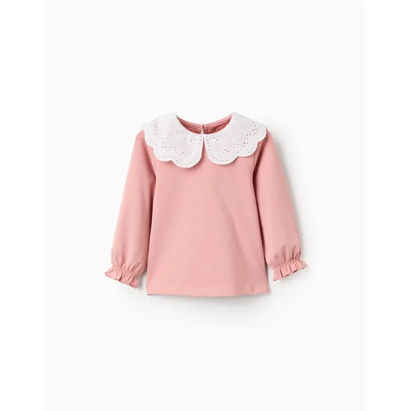 T-shirt with Broderie Anglaise Collar and Ruffles for Baby Girls, Pink
