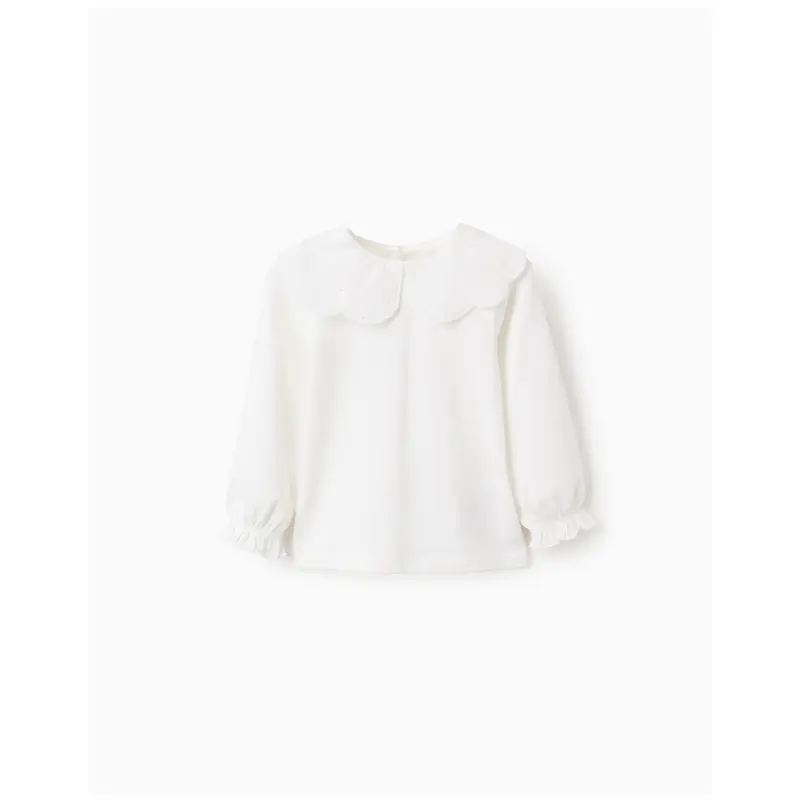 T-shirt with Broderie Anglaise Collar and Ruffles for Baby Girls, White