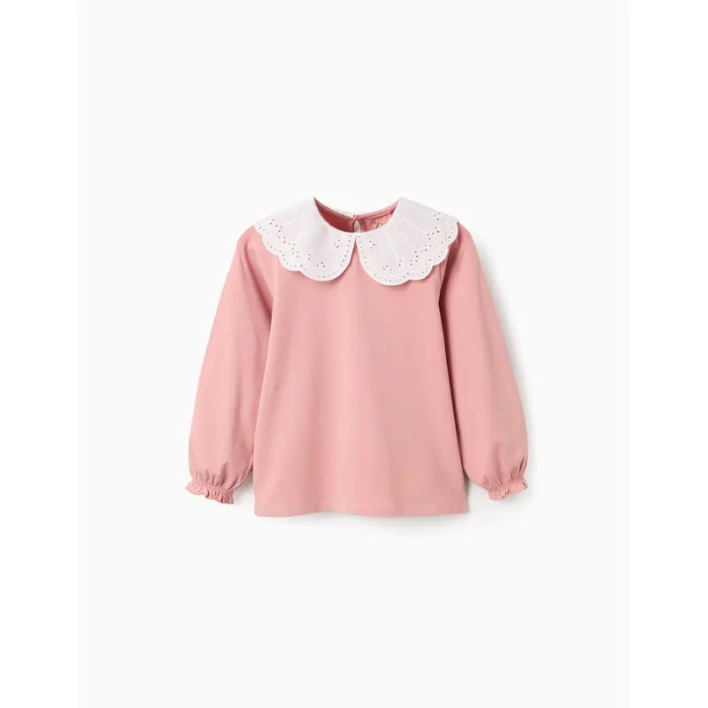 T-shirt with Broderie Anglaise Collar and Ruffles for Girls, Pink