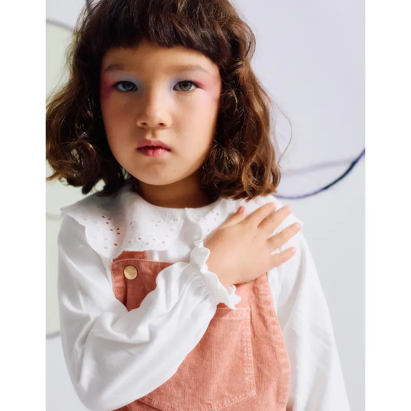 T-shirt with Broderie Anglaise Collar and Ruffles for Girls, White