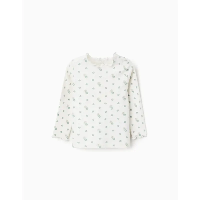 Long Sleeve Ribbed T-shirt with Floral Motif for Baby Girls, White