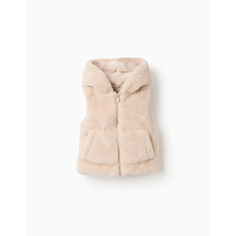 Fleece Hooded Gilet for Baby Girls, Beige