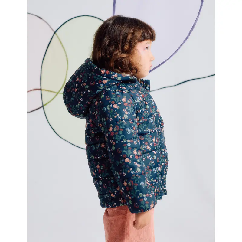 Floral Padded Jacket with Removable Hood for Girls, Dark Blue