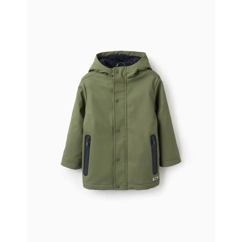 Hooded Rubber Parka with Sherpa Lining for Boys, Green