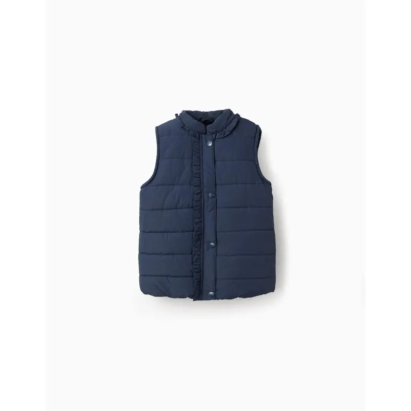 Padded Gilet with Ruffles and Polar Lining for Girls, Dark Blue