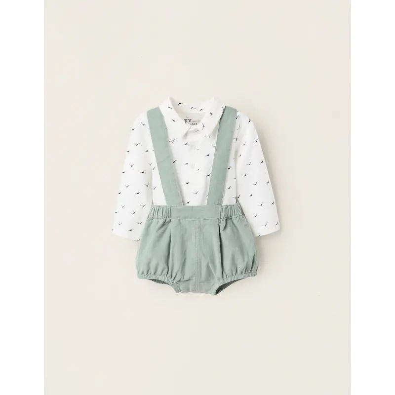 Bodysuit + Dungarees with Removable Straps for Newborns, White/Green