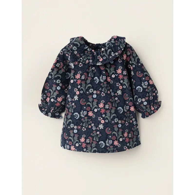 Corduroy Floral Dress for Newborn Girls, Dark Blue