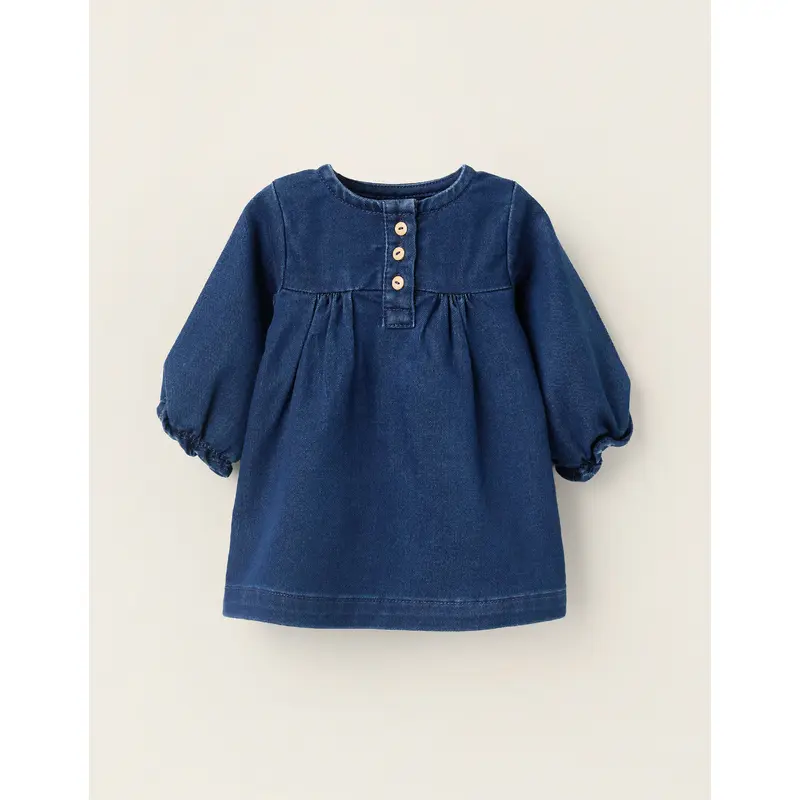 Denim Dress with Ruffled Cuffs for Newborns, Blue