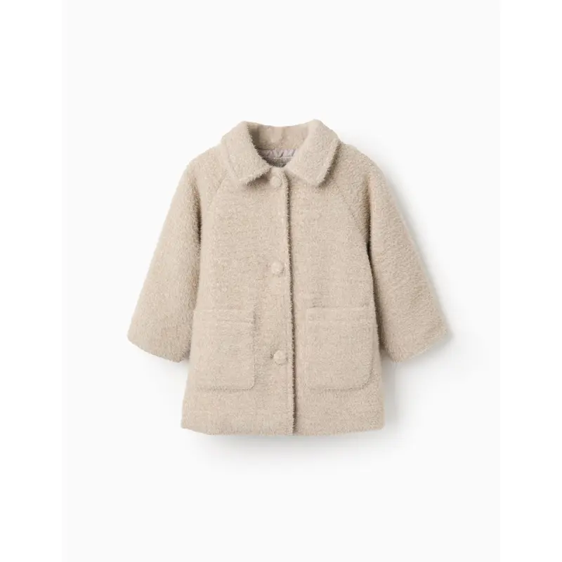 Fluffy Buttoned Jacket for Baby Girls, Beige