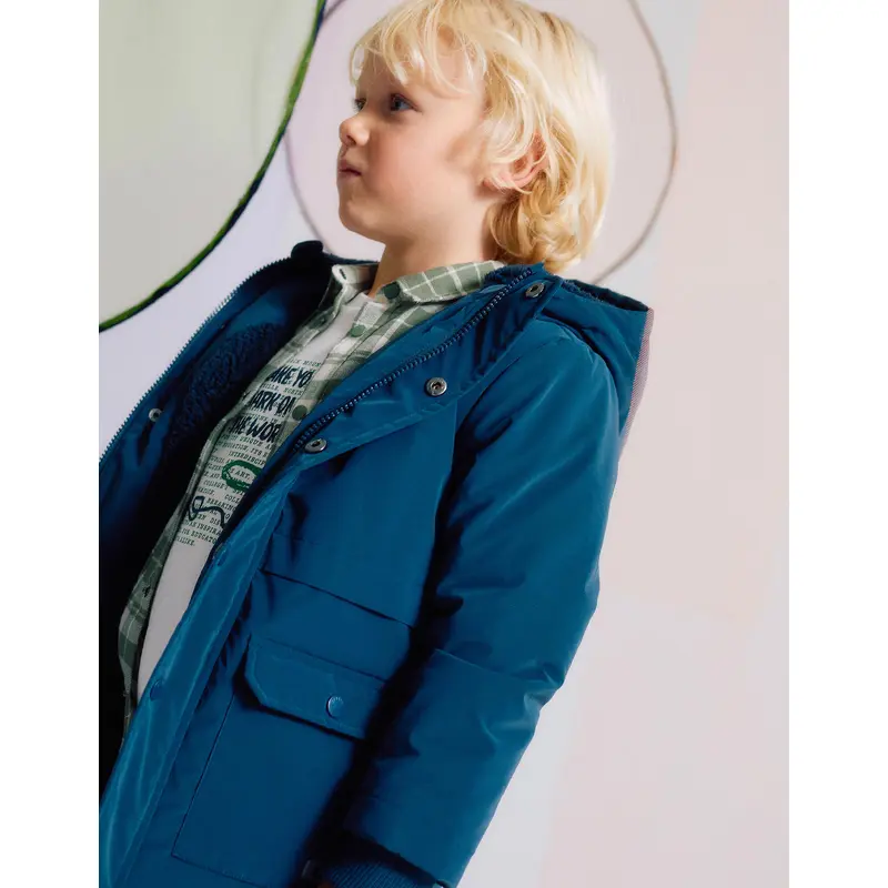 Hooded Waterproof Parka with Sherpa Lining for Boys, Blue