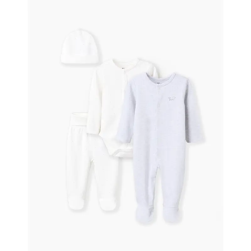 4-piece Cotton Newborn Set 'Hi', White/Grey