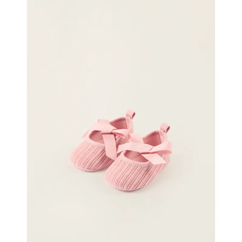 Corduroy Ballet Flats with Bow for Newborn Girls, Pink