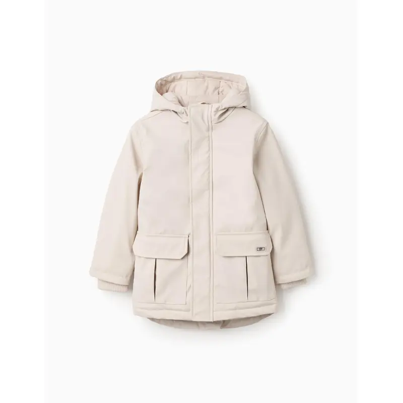 Hooded Rubber Parka with Jersey Lining for Boys, Beige