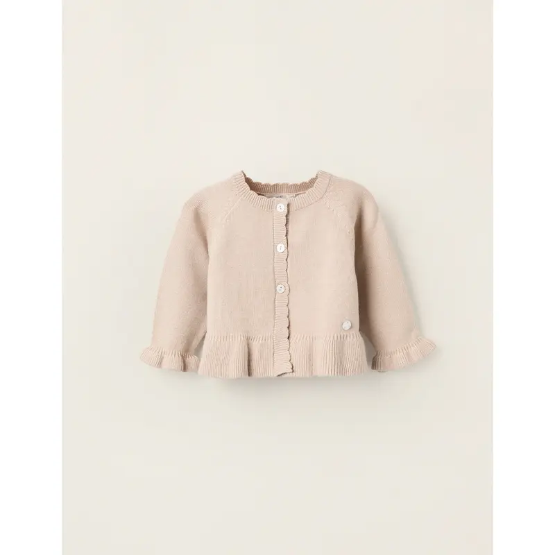 Knitted Cardigan with Ruffles for Newborns, Beige