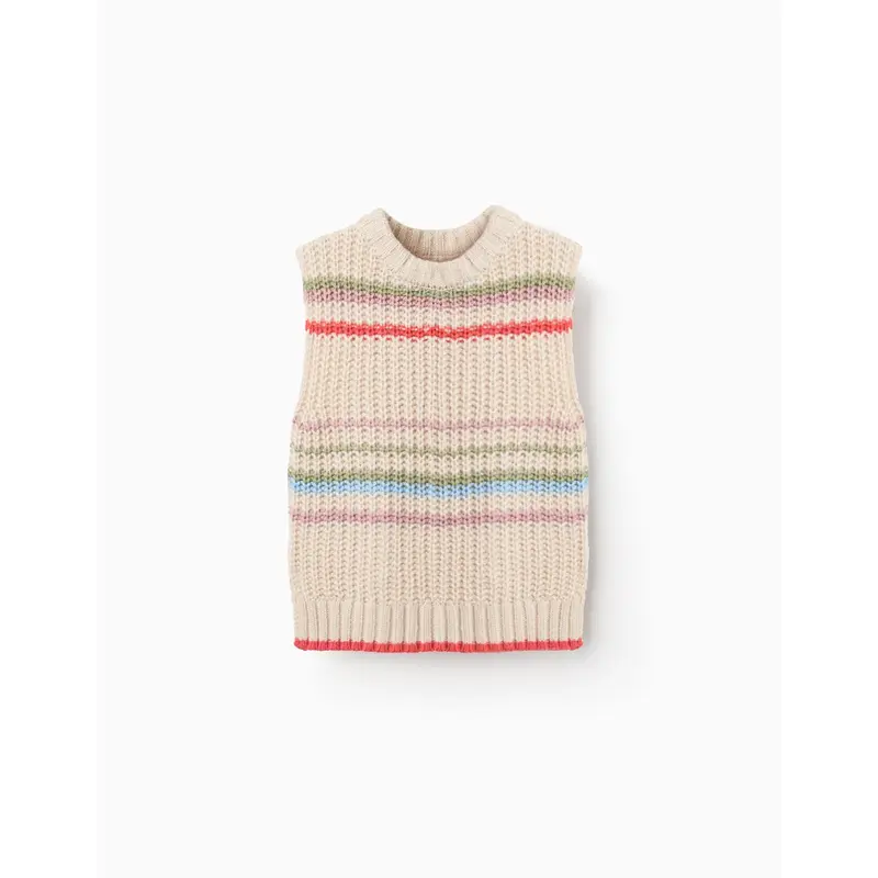 Knitted Waistcoat with Colourful Stripes for Girls, Beige