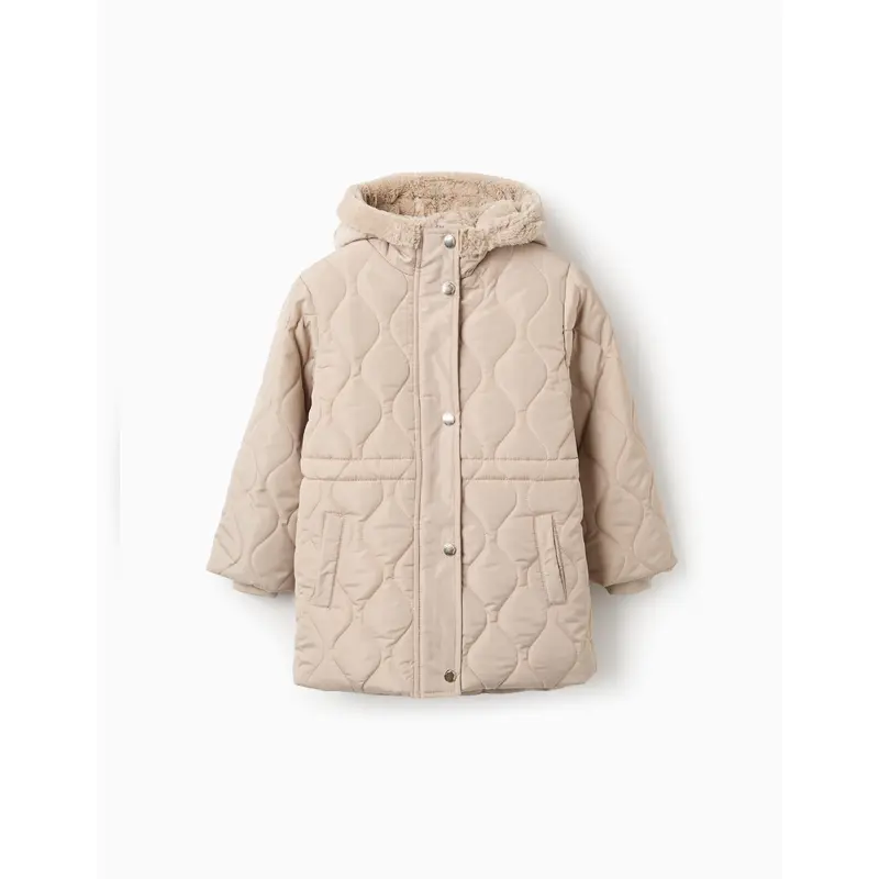Medium Length Padded Parka with Hood for Girls, Beige