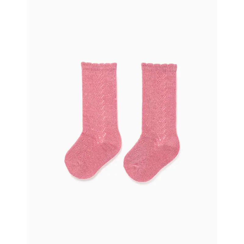 Openwork Knit High Socks with Wavy End for Baby Girls, Pink