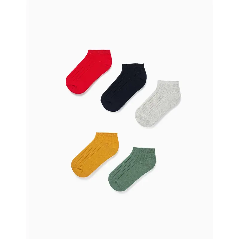 Pack 5 Pairs of Plain Ribbed Ankle Socks for Boys, Multicolour