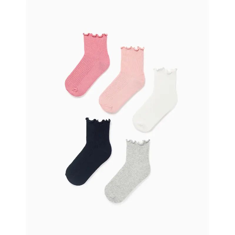 Pack 5 Pairs of Ribbed Socks with Wavy End for Girls, Multicolour