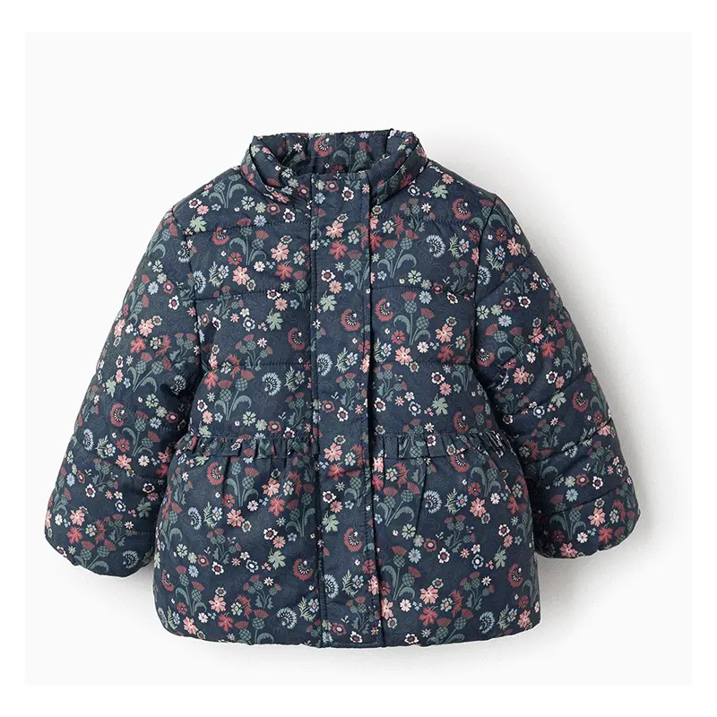 Padded Floral Hooded Jacket with Removable Hood for Baby Girls, Dark Blue