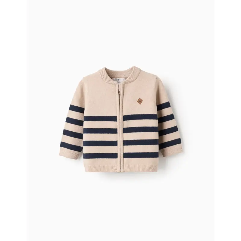 Striped Knitted Cardigan for Newborn Boys, Beige/Blue