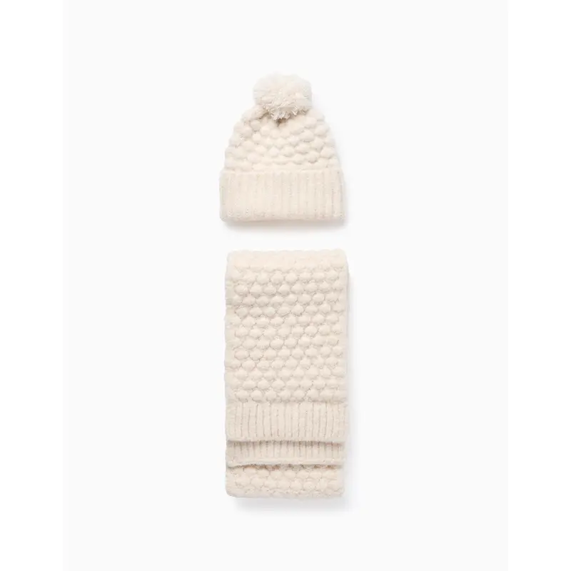 Textured Beanie + Scarf for Babies and Girls, Beige