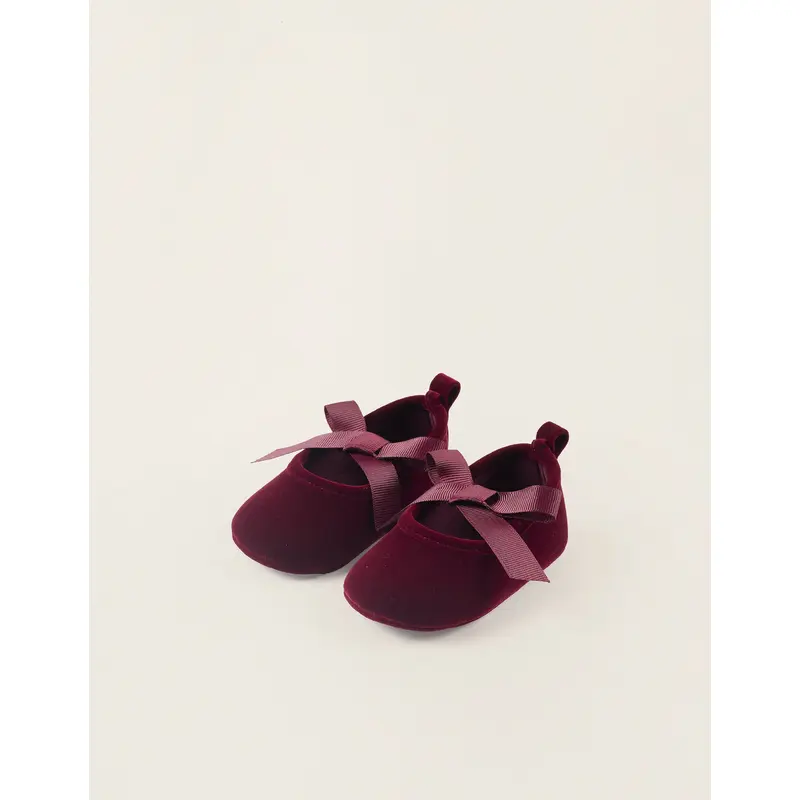 Velvet Ballet Flats with Bow for Newborn Girls, Burgundy