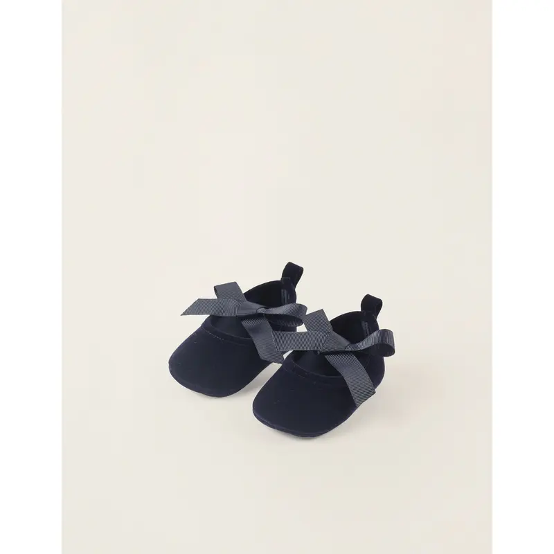 Velvet Ballet Flats with Bow for Newborn Girls, Dark Blue