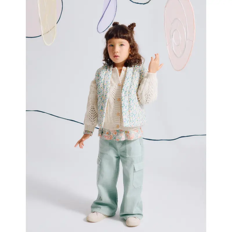 Cotton gilet with floral pattern and sherpa lining for girls, beige