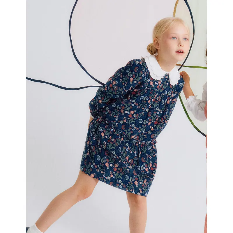 Floral Corduroy Cotton Dress for Girls 'B&S', Blue