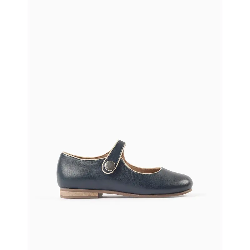 Leather T-Bar Ballerina Flats for Girls, Dark Blue