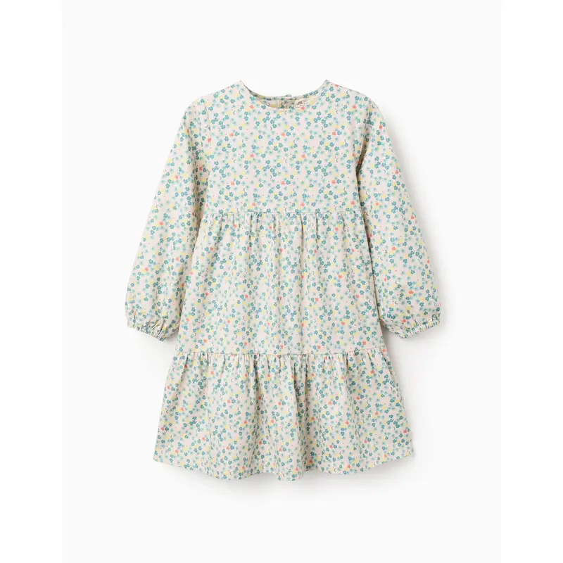 Long sleeve cotton dress with floral pattern for girls, beige