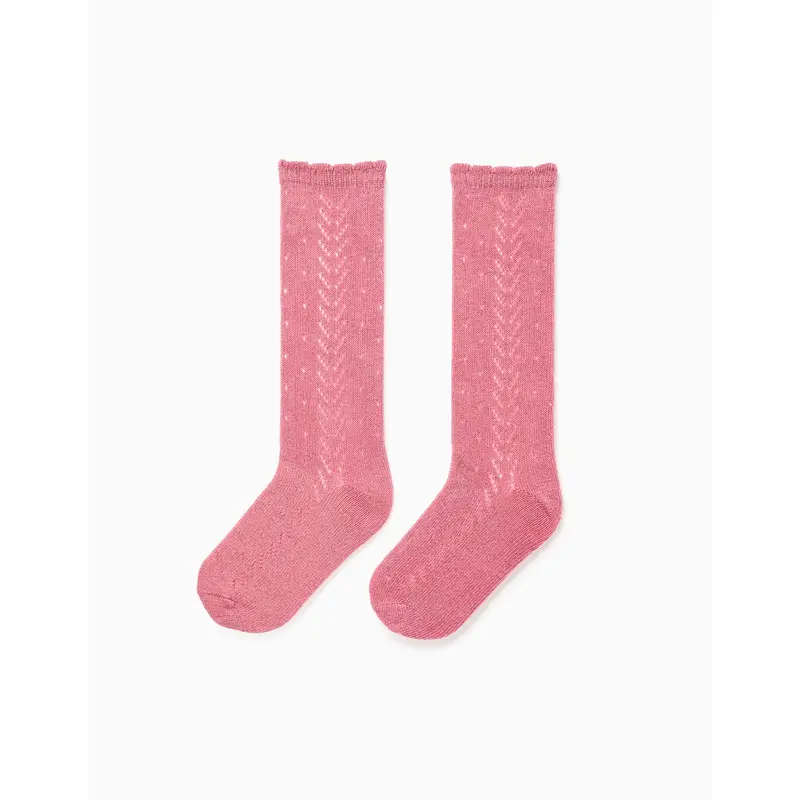 Openwork Knit High Socks with Wavy End for Girls, Pink