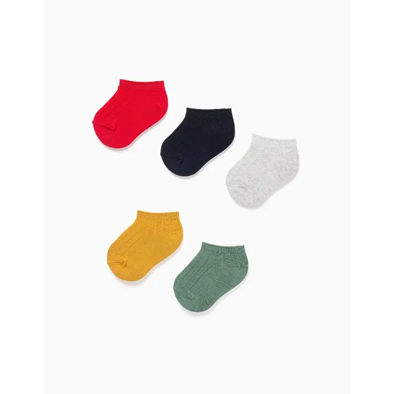 Pack of 5 Pairs of Plain Ribbed Ankle Socks for Baby Boys, Multicolour