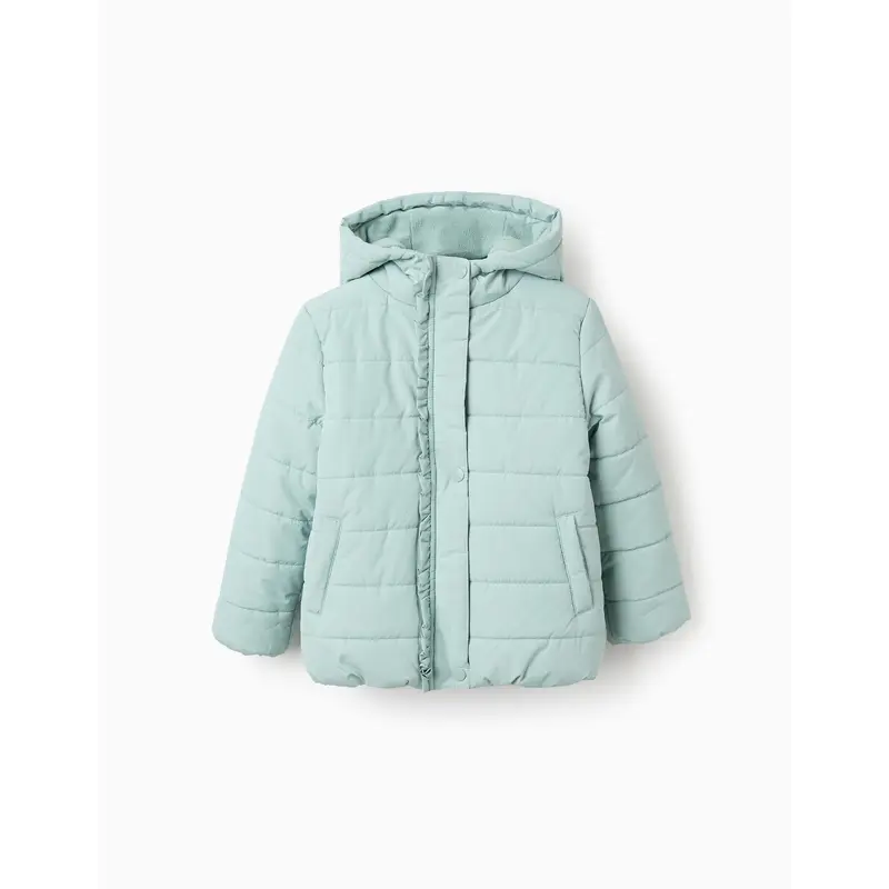 Padded Jacket with Hood and Polar Lining for Girls, Aqua Green