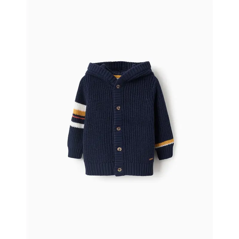 Ribbed Cardigan with Hood and Stripes for Baby Boys, Blue