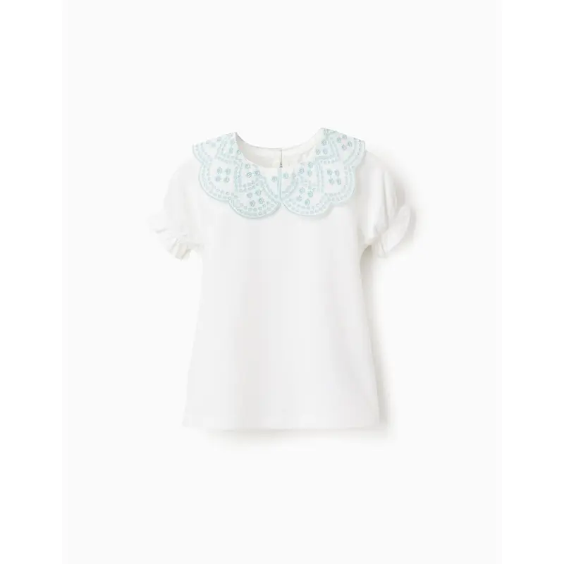 T-shirt with Broderie Anglaise Collar for Baby Girls, White/Green
